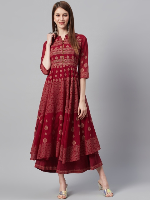 

Juniper Women Maroon & Golden Foil Print Layered Maxi Dress