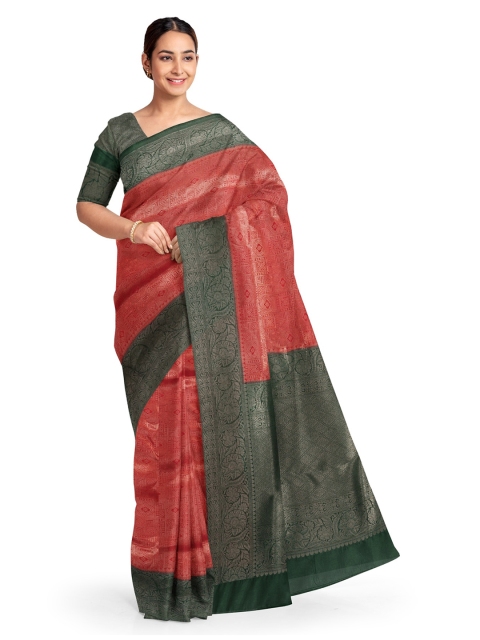 

KLM Fashion Mall Red & Green Silk Blend Woven Design Saree
