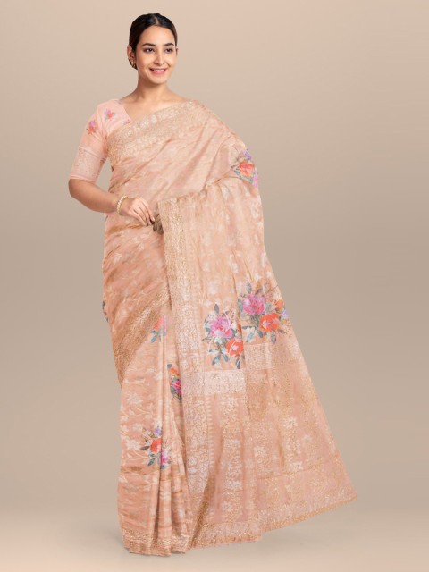 

KLM Fashion Mall Peach-Coloured Woven Design Silk Blend Saree