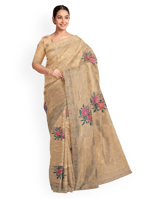 

KLM Fashion Mall Cream-Coloured Printed Silk Blend Saree