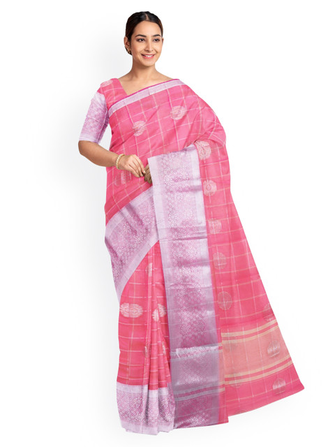 

KLM Fashion Mall Pink & Purple Silk Blend Checked Saree