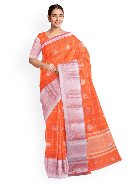 

KLM Fashion Mall Orange & Silver-Toned Silk Blend Woven Design Saree