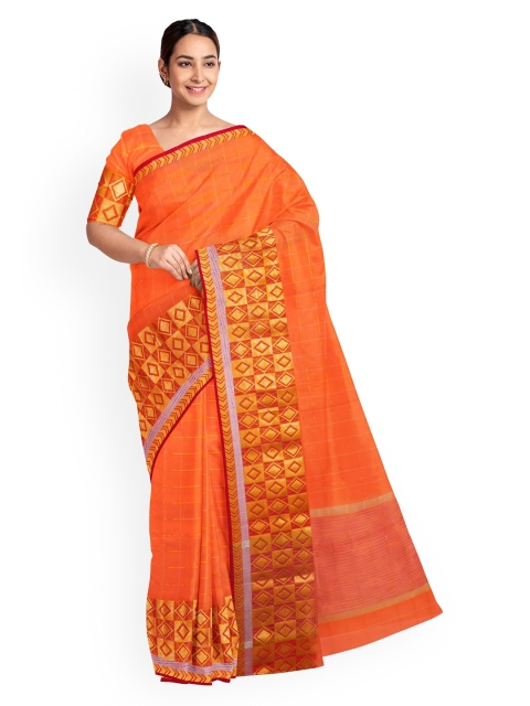 

KLM Fashion Mall Orange Checked Silk Blend Saree