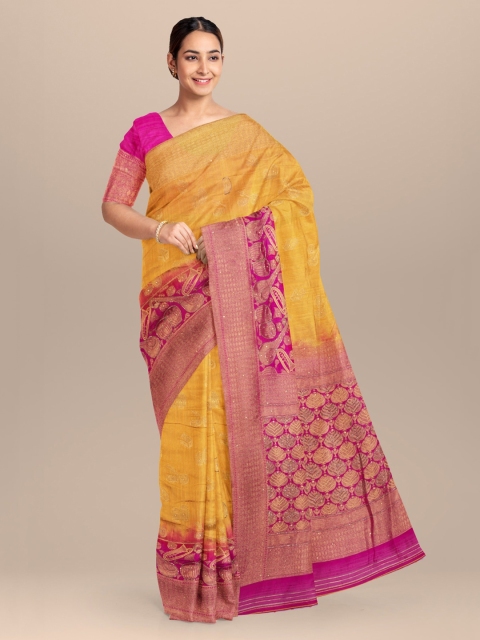 

KLM Fashion Mall Yellow & Pink Silk Blend Woven Design Saree