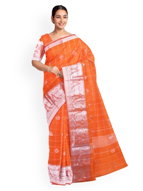 

KLM Fashion Mall Orange & Silver-Toned Silk Blend Woven Design Saree