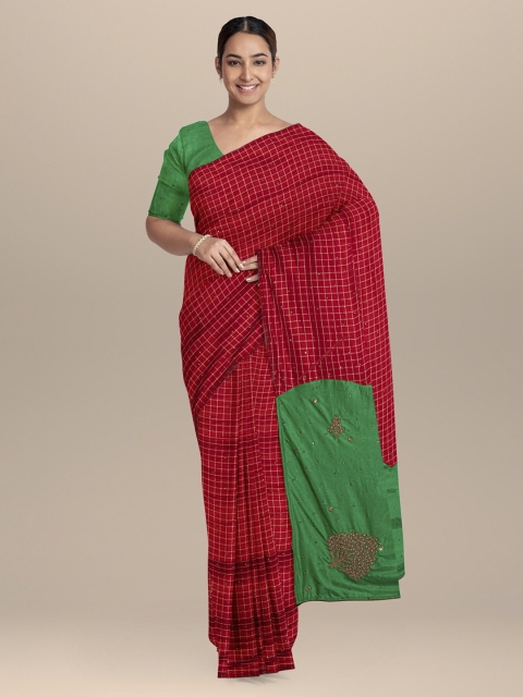

KLM Fashion Mall Red & Green Silk Blend Checked Saree