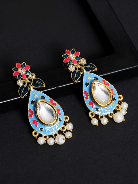 

OOMPH Gold-Plated & Blue Teardrop Meenakari Enamel Shaped Drop Earrings