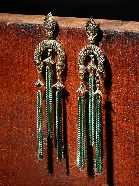 

OOMPH Green & Gold-Toned Classic Tasselled Drop Earrings