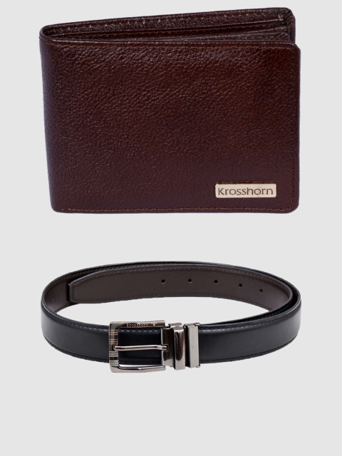 

Krosshorn Men Brown RFID Protected Genuine Leather Wallet & Belt Gift Set
