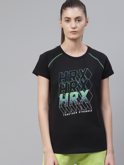 

HRX By Hrithik Roshan Women Jet Black Brand Logo Print Bio-Wash Lifestyle Pure Cotton T-shirt