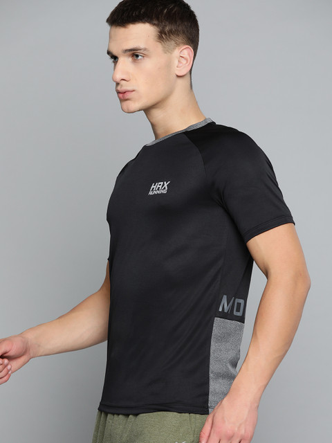 

HRX By Hrithik Roshan Men Jet Black & Melange Colourblock Rapid-Dry Antimicrobial Running Tshirt