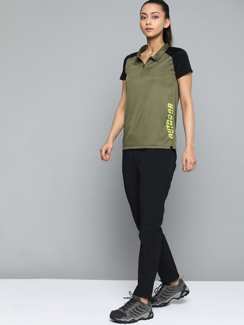

HRX By Hrithik Roshan Women Winter Moss & Jet Black Typographic Rapid-Dry Anti-Static Antimicrobial Outdoor Tshirt, Olive