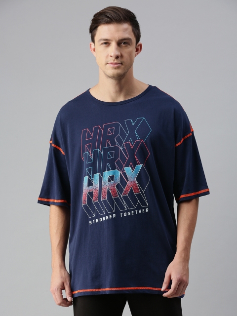 

HRX by Hrithik Roshan Men Navy Blue Red Typography Printed Pure Cotton T-shirt