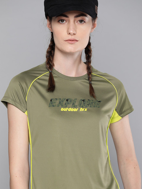 

HRX By Hrithik Roshan Women Oil Green & Wild Lime Colourblock Rapid-Dry Anti-Static Antimicrobial Outdoor Tshirt, Olive
