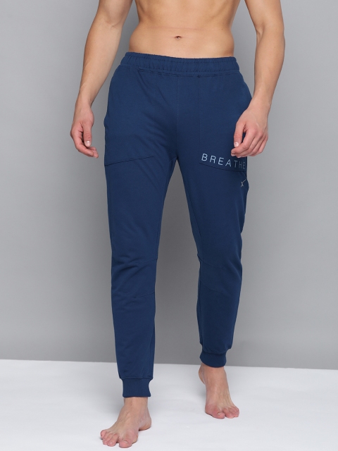 

HRX By Hrithik Roshan Men Estate Blue Typographic Slim Fit Organic Cotton Antimicrobial Yoga Joggers, Navy blue