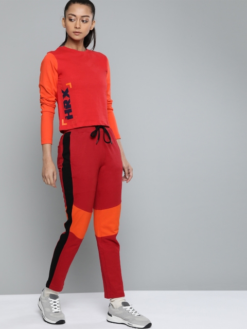 

HRX By Hrithik Roshan Women Pool Green Typographic Slim Fit Mid-Rise Bio-Wash Lifestyle Track Pants, Red