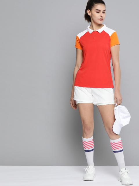 

HRX By Hrithik Roshan Women High Risk Red & Orangeade & Optic White Colourblock Rapid-Dry Anti-Static Antimicrobial Racketsport Tshirt