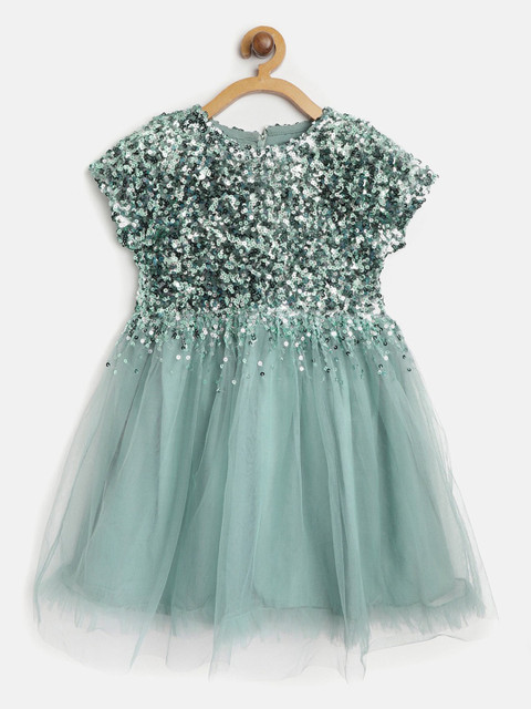 

Cherry Crumble Girls Green Embellished Fit and Flare Dress