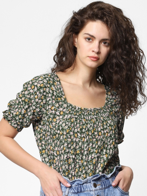 

ONLY Women Green & Yellow Floral Printed Top with Smocking Detail