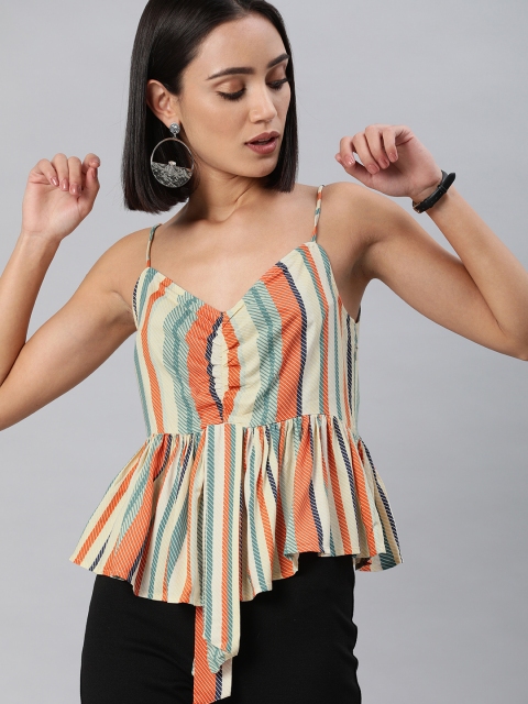 

ONLY Women Multicoloured Striped Asymmetric Hem Peplum Top, Multi