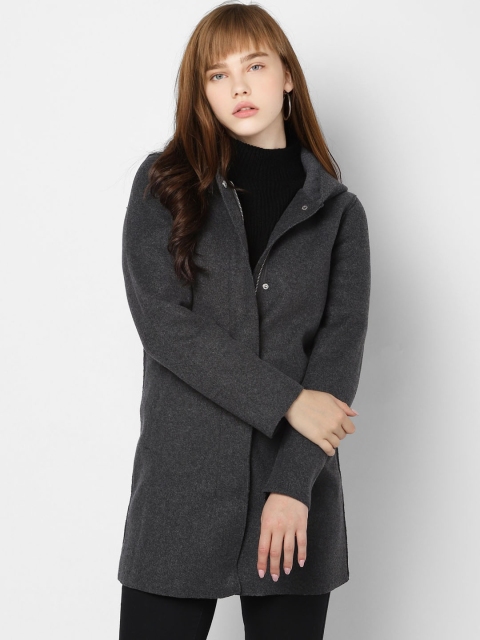 

ONLY Women Charcoal Grey Solid Hooded Longline Overcoat