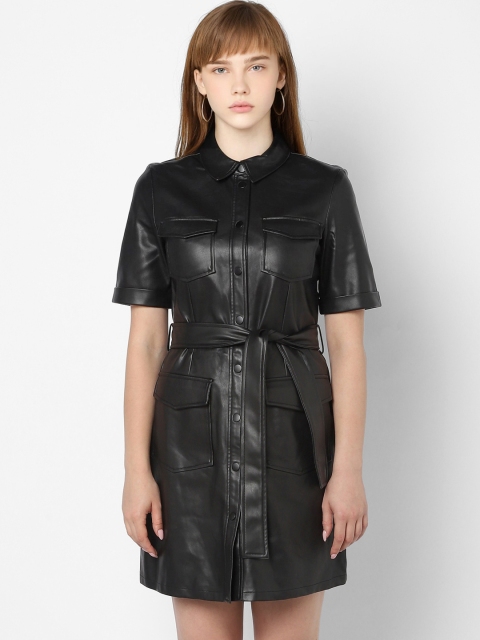 

ONLY Women Black Solid Faux Leather Shirt Dress with Tie-Up Detail