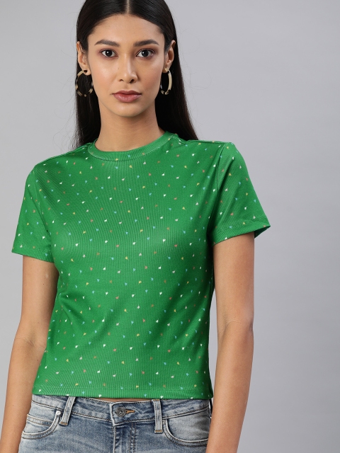 

ONLY Women Green Ditsy Floral Printed Round Neck Crop T-shirt