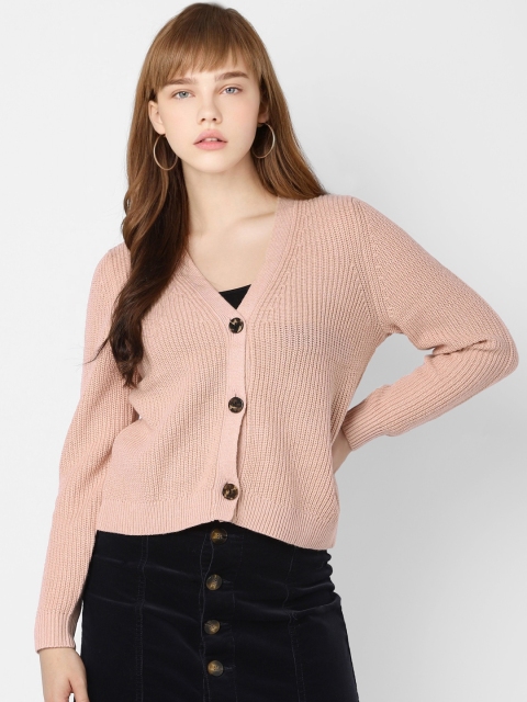 

ONLY Women Pink Ribbed Cardigan Sweater