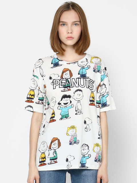 

ONLY Women White White Peanuts Printed Round Neck Pure Cotton T-shirt with Embroidery