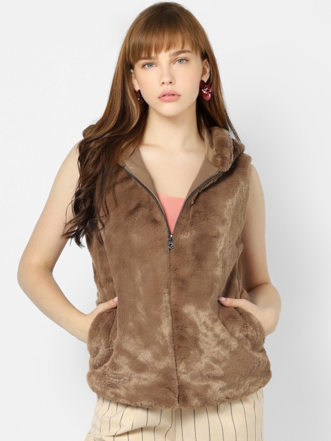 

ONLY Women Brown Solid Hooded Tailored Faux Fur Jacket