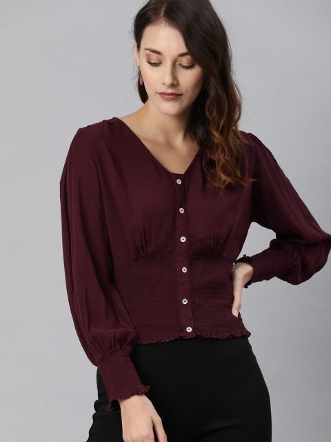 

ONLY Women Burgundy Solid Smocked Shirt Style Top