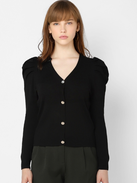 

ONLY Women Black Ribbed Puff Sleeved Cardigan Sweater