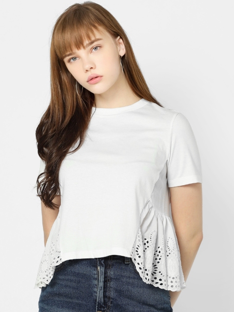 

ONLY Women White Solid A-Line Top with Schiffli Detail