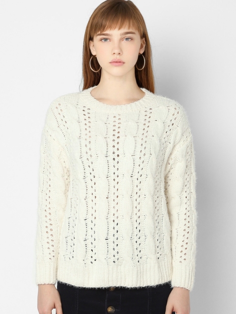 

ONLY Women White Self Design Pullover Sweater