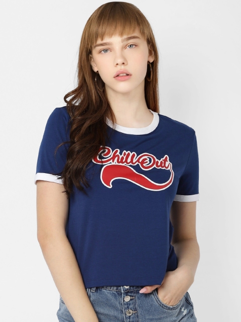 

ONLY Women Navy Blue Printed Round Neck T-shirt