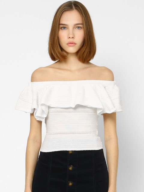 

ONLY Women White Striped Cape Sleeved Cropped Bardot Top