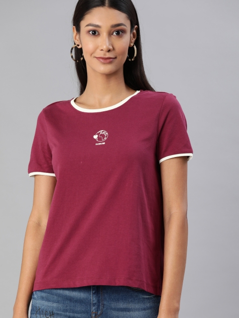 

ONLY Women Maroon Solid Round Neck Pure Cotton T-shirt