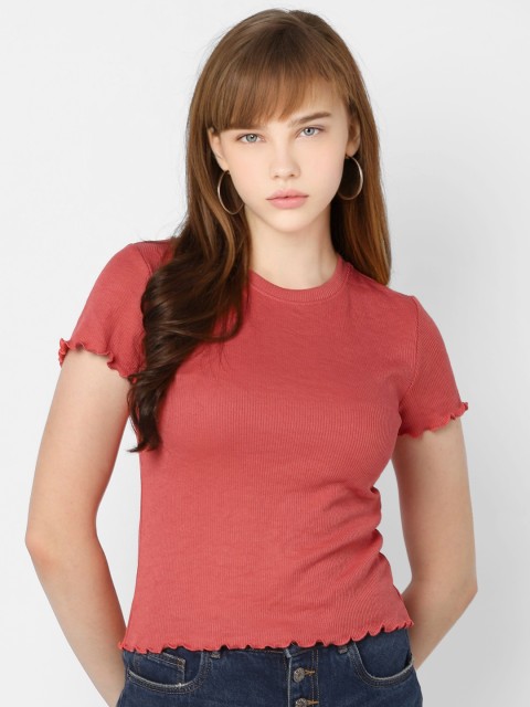 

ONLY Women Coral Pink Solid Lettuce Hem Top