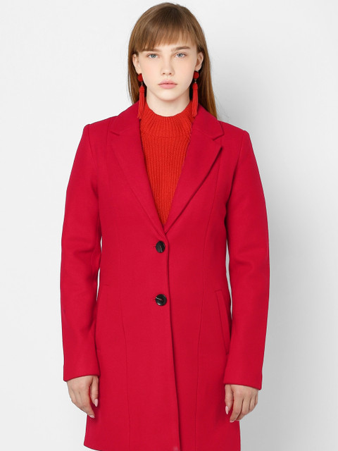 

ONLY Women Red Solid Singe-Breasted Longline Overcoat