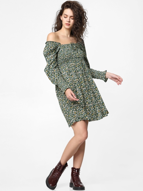 

ONLY Women Green & Yellow Floral Printed Smocked A-Line Dress