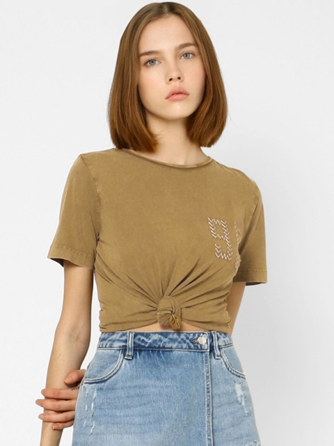 

ONLY Women Olive Green Printed Round Neck Pure Cotton T-shirt with Embroidery