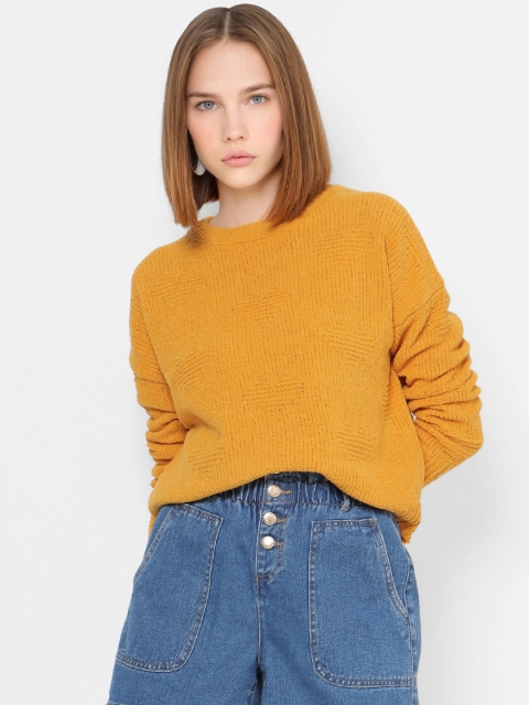 

ONLY Women Mustard Yellow Self Design Pullover Sweater