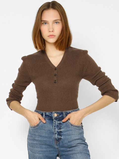 

ONLY Women Brown Ribbed Pullover Sweater
