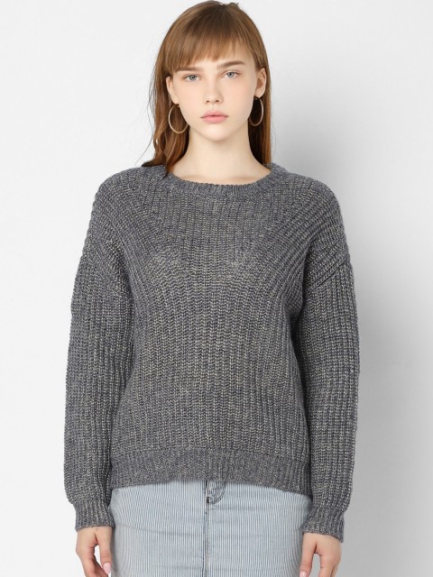 

ONLY Women Teal Blue & Gold-Toned Ribbed Pullover Sweater