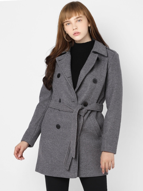 

ONLY Women Grey Solid Double-Breasted Longline Overcoat