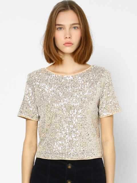 

ONLY Women Beige & Silver-Toned Sequins Embellished Party Top