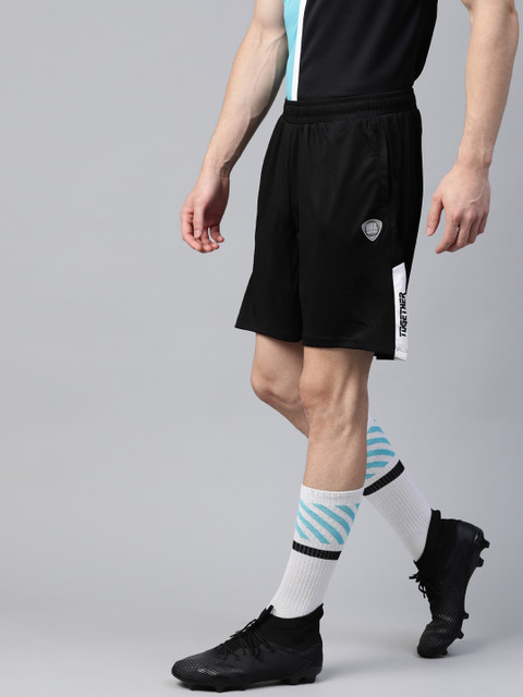 

HRX By Hrithik Roshan Men Jet Black & Optic White Colourblock Regular Fit Mid-Rise Rapid-Dry Football Shorts