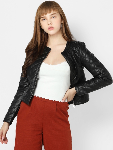 

ONLY Women Black Solid Faux Leather Quilted Jacket