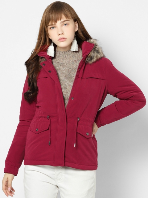 

ONLY Women Maroon Solid Hooded Parka with Faux Fur Trim