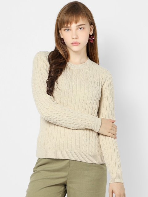 

ONLY Women Beige Self Design Cable Knitted Pullover Sweater
